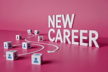 Three dimensional white typography spells out the phrase new career alongside small figurative blocks on a pink surface