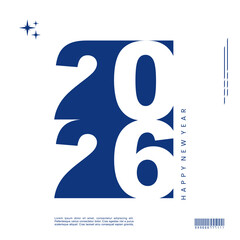 Bold and modern New Year 2026 logo design featuring large, overlapping blue and white numbers with a minimalist, clean corporate aesthetic.
