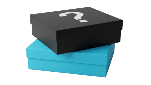 Stacked gift boxes PNG isolated on transparent background, blue and black present boxes for surprise and mystery concept