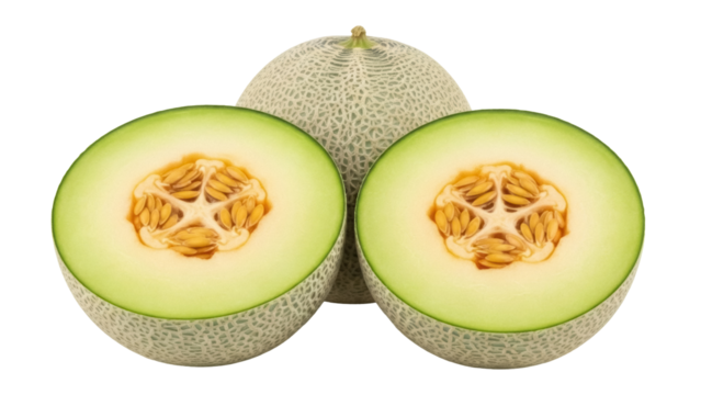 Fresh cantaloupe melon halves and whole fruit isolated PNG, healthy eating and summer refreshment concept on transparent background