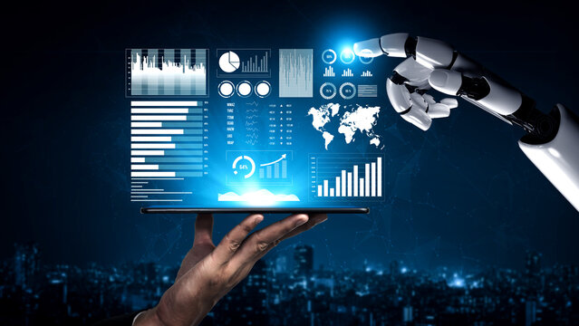 A robotic hand reaches towards a digital tablet displaying vivid data visualizations, representing the merging of technology and analytics in an urban night setting. Impute