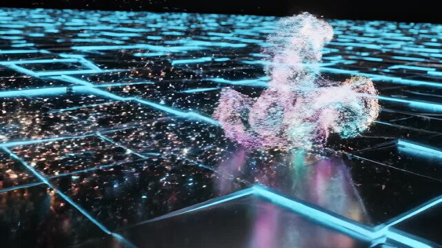 Futuristic digital data stream rapidly flowing across an angular geometric grid surface and quickly disintegrating into light particles high tech, data visualization, conceptual