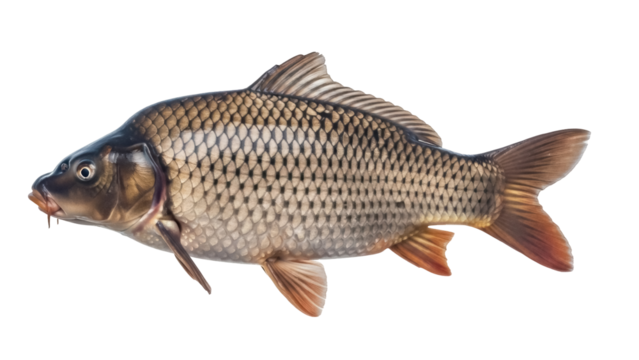 Brown carp fish isolated PNG, freshwater species with scales on transparent background, common carp for aquaculture and fishing