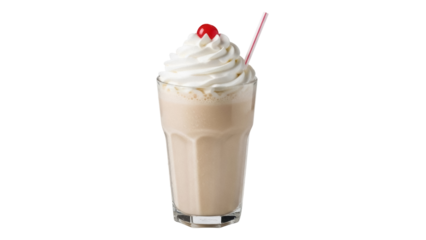 Delicious vanilla milkshake with whipped cream and cherry isolated PNG, refreshing dessert on transparent background for menu design