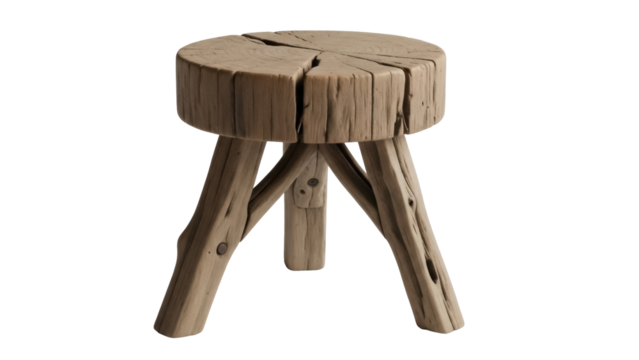 Rustic wooden stool PNG isolated on transparent background, handcrafted log seat with three legs for home decor and furniture design