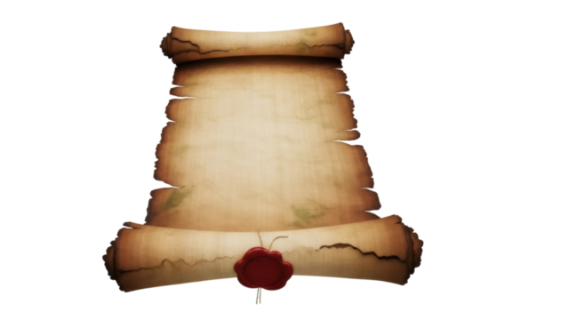Old paper scroll PNG isolated on transparent background, antique parchment with wax seal for historical documents and treasure maps