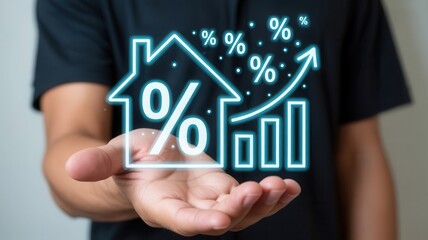 Illuminated graphical representation of escalating real estate interest rates hovers over an open palm