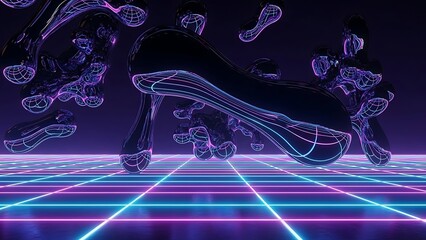 Abstract three dimensional glossy liquid blobs floating above bright glowing neon purple and blue grid plane