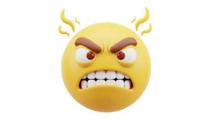 Angry emoji face PNG isolated on transparent background, yellow emoticon with furious expression and steam coming out of ears, frustration concept