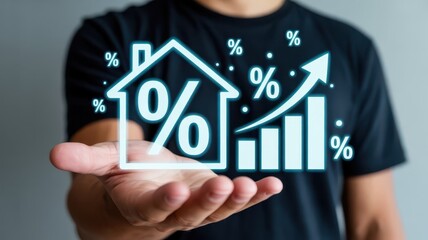Human hand displays glowing digital illustration representing rising home financing rates and property value growth