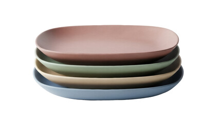 Stack of colorful ceramic plates isolated PNG, pastel tableware for modern dining and kitchen decor on transparent background