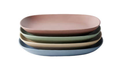 Stack of colorful ceramic plates isolated PNG, pastel tableware for modern dining and kitchen decor on transparent background