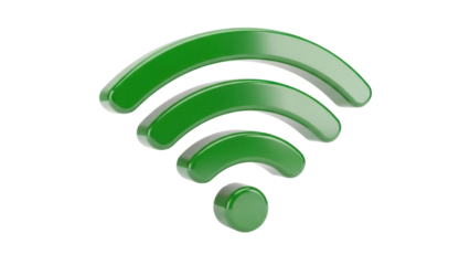 Green wifi symbol PNG isolated on transparent background, wireless internet connection icon for network and communication