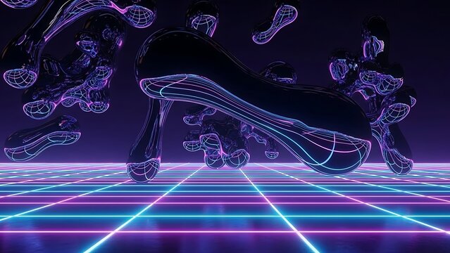 Abstract three dimensional glossy liquid blobs floating above bright glowing neon purple and blue grid plane