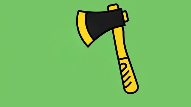 Cartoon illustration of a black and yellow axe against a solid green background
