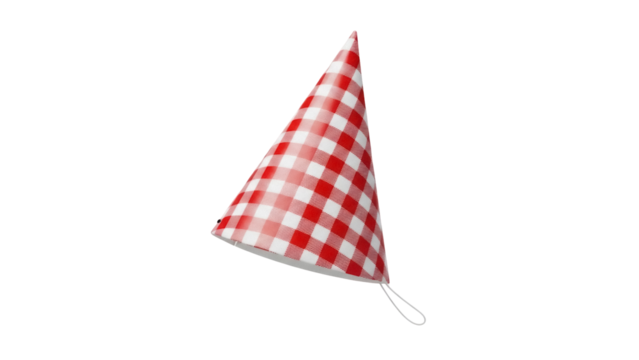 Red and white checkered party hat isolated PNG, festive celebration headwear for birthday or special event on transparent background