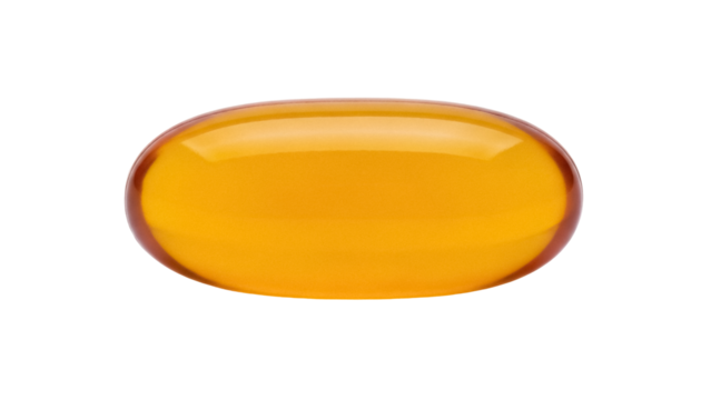 Golden yellow gel capsule isolated PNG, omega 3 supplement for health and nutrition on transparent background
