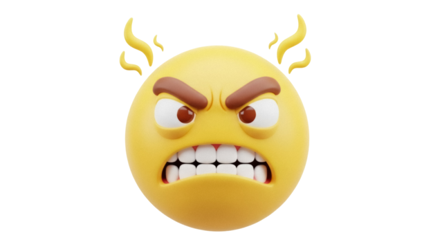 Angry emoji face PNG isolated on transparent background, yellow emoticon with furious expression and steam coming out of ears, frustration concept