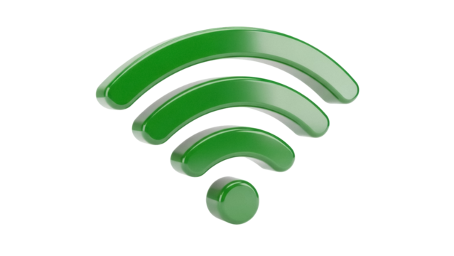 Green wifi symbol PNG isolated on transparent background, wireless internet connection icon for network and communication