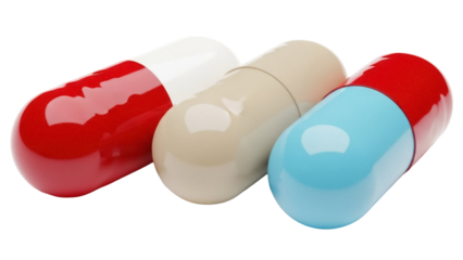 Three colorful capsule pills isolated on transparent background, pharmaceutical medication for health and wellness in PNG format