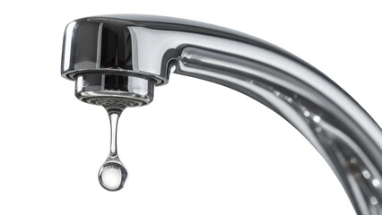 Chrome faucet with dripping water isolated PNG, water conservation and plumbing fixture on...