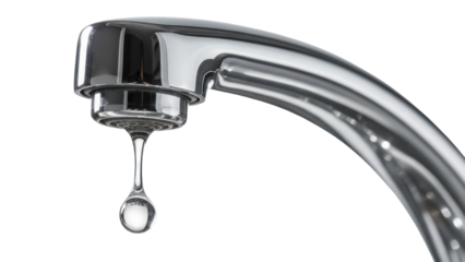 Chrome faucet with dripping water isolated PNG, water conservation and plumbing fixture on transparent background