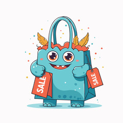 Cute doodle-style shopping bag monster character with big eyes, holding sale tags