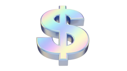 Holographic dollar sign PNG isolated on transparent background, iridescent money symbol for finance and business concepts