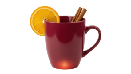Festive red mug with orange slice and cinnamon sticks isolated PNG, warm winter drink for Christmas and holiday season on transparent background