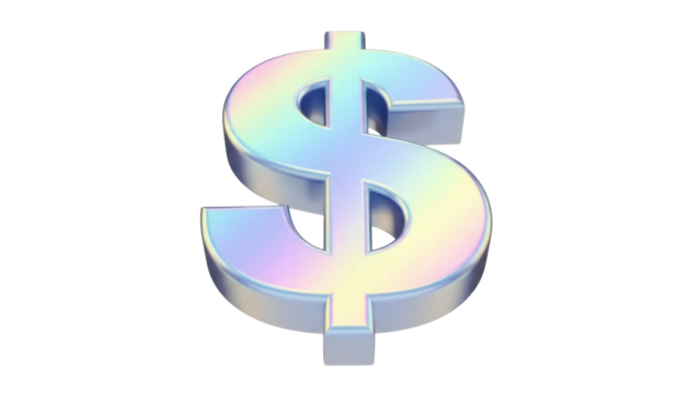 Holographic dollar sign PNG isolated on transparent background, iridescent money symbol for finance and business concepts