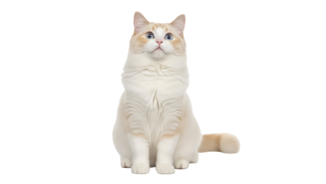 Flame point Ragdoll cat PNG isolated on transparent background, adorable feline with blue eyes and fluffy fur for pet-related designs