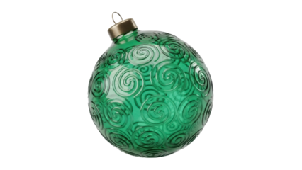 Green Christmas ball with swirl pattern isolated PNG, festive holiday ornament for Christmas tree decoration and seasonal design