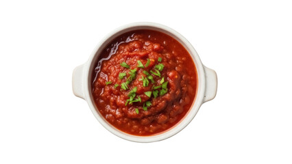 Delicious tomato sauce with herbs in a bowl isolated PNG, homemade Italian passata for pasta and pizza on transparent background