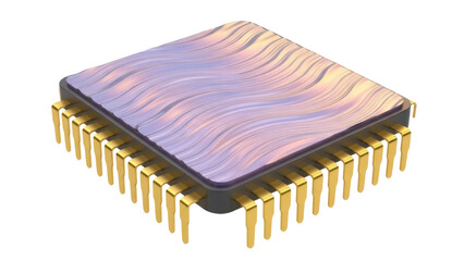 Microchip isolated PNG on transparent background, integrated circuit with golden pins for electronics and technology projects