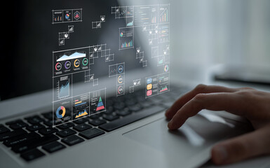 A big data visualization and business analytics dashboard grid. A complex collection of charts and graphs for comprehensive company reporting. Motif