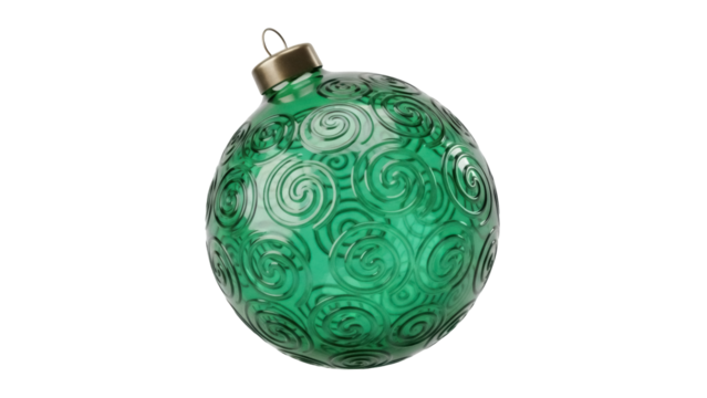 Green Christmas ball with swirl pattern isolated PNG, festive holiday ornament for Christmas tree decoration and seasonal design