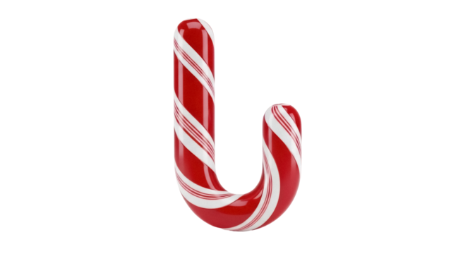Red and white striped candy cane isolated PNG, festive Christmas holiday treat on transparent background for graphic design use