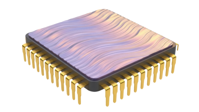 Microchip isolated PNG on transparent background, integrated circuit with golden pins for electronics and technology projects