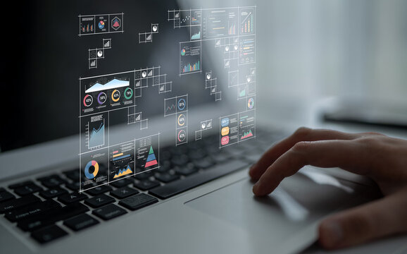 A big data visualization and business analytics dashboard grid. A complex collection of charts and graphs for comprehensive company reporting. Motif
