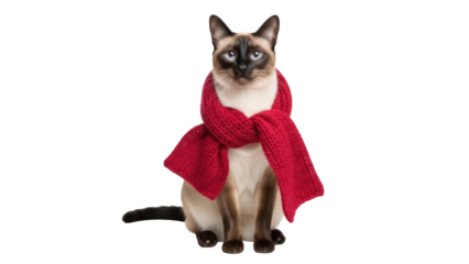 Siamese cat with red scarf isolated PNG, cute pet wearing winter clothes on transparent background for Christmas designs