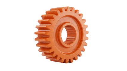 Orange gear wheel isolated PNG on transparent background, cogwheel component for engineering and mechanical design projects
