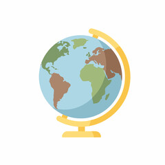 A colorful illustration of a globe showing continents and oceans, mounted on a yellow stand.