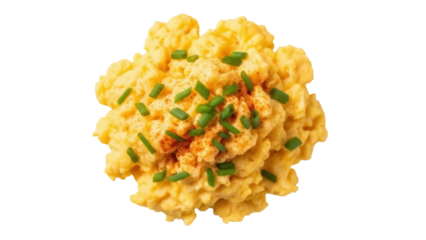 Delicious scrambled eggs with chives isolated PNG, fluffy breakfast food on transparent background for culinary design and healthy eating concepts