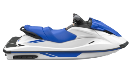 Blue and white jet ski isolated PNG, personal watercraft for recreation and water sports on transparent background