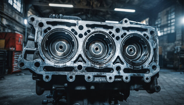 Detailed Close up of a Bare Metal Internal Combustion Engine Block in a Workshop