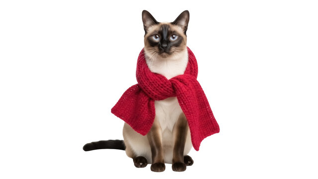Siamese cat with red scarf isolated PNG, cute pet wearing winter clothes on transparent background for Christmas designs