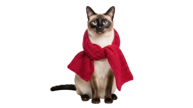 Siamese cat with red scarf isolated PNG, cute pet wearing winter clothes on transparent background for Christmas designs