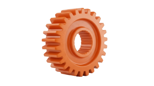Orange gear wheel isolated PNG on transparent background, cogwheel component for engineering and mechanical design projects