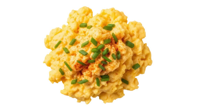Delicious scrambled eggs with chives isolated PNG, fluffy breakfast food on transparent background for culinary design and healthy eating concepts