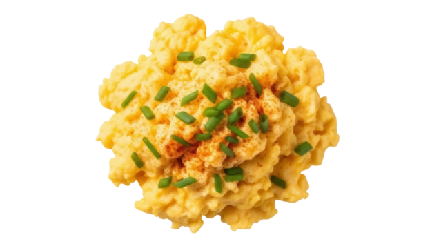 Delicious scrambled eggs with chives isolated PNG, fluffy breakfast food on transparent background for culinary design and healthy eating concepts